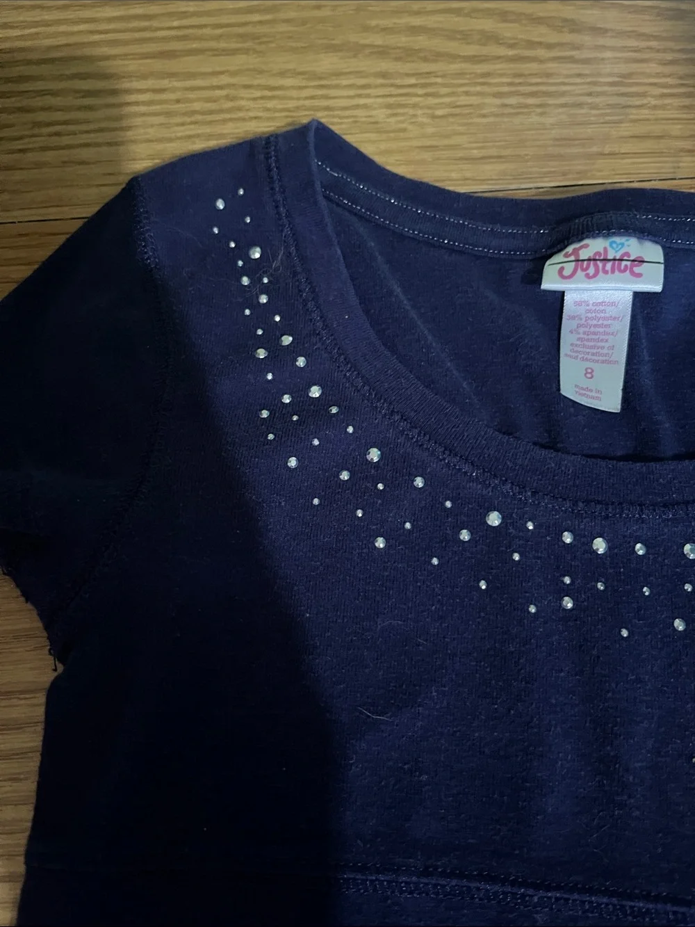 Vintage Justice Navy Short Sleeve Tee with Rhinestone Neckline Juniors size 8